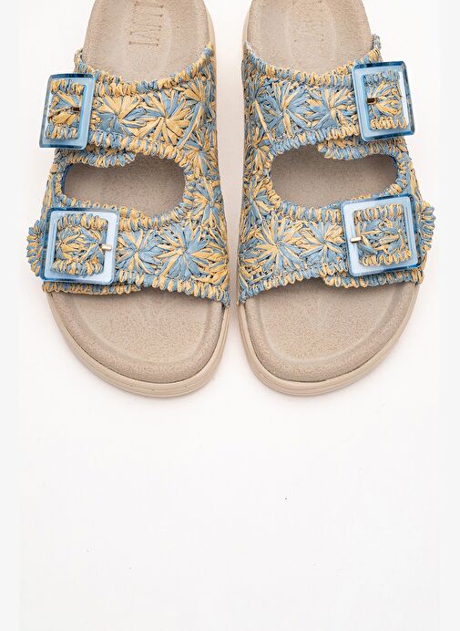 MILANA Mavi Desenli Hakiki Deri Tokalı Çift Bantlı Kadın Terlik - Görsel 3
