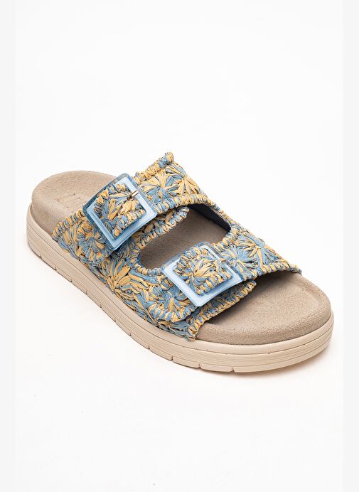 MILANA Mavi Desenli Hakiki Deri Tokalı Çift Bantlı Kadın Terlik - Görsel 4