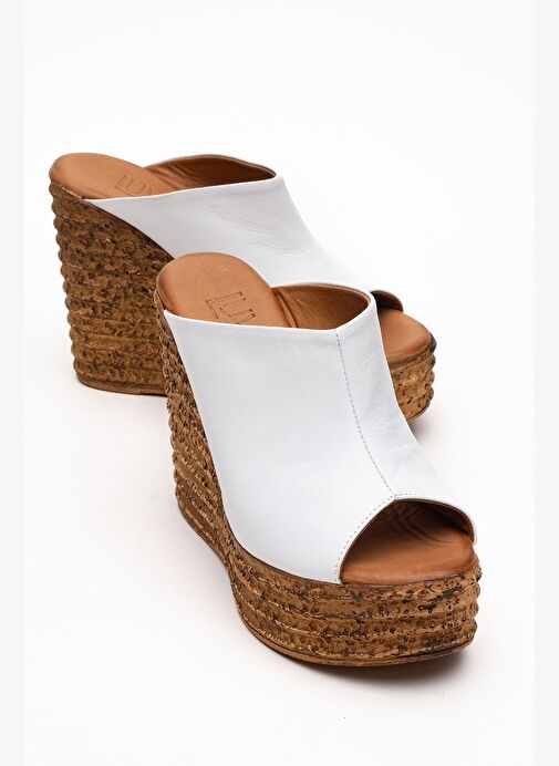 NELLY Beyaz Cilt Hakiki Deri Kadın Dolgu Topuklu Terlik - Görsel 2