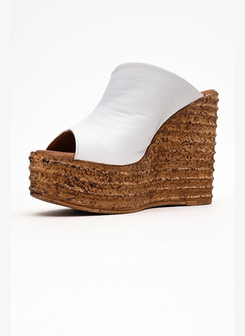 NELLY Beyaz Cilt Hakiki Deri Kadın Dolgu Topuklu Terlik - Görsel 5