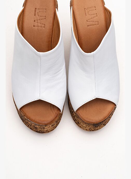 NELLY Beyaz Cilt Hakiki Deri Kadın Dolgu Topuklu Terlik - Görsel 3