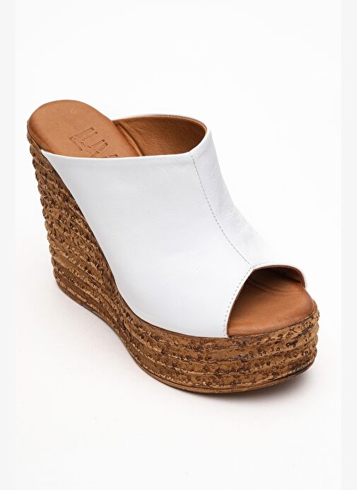 NELLY Beyaz Cilt Hakiki Deri Kadın Dolgu Topuklu Terlik - Görsel 4