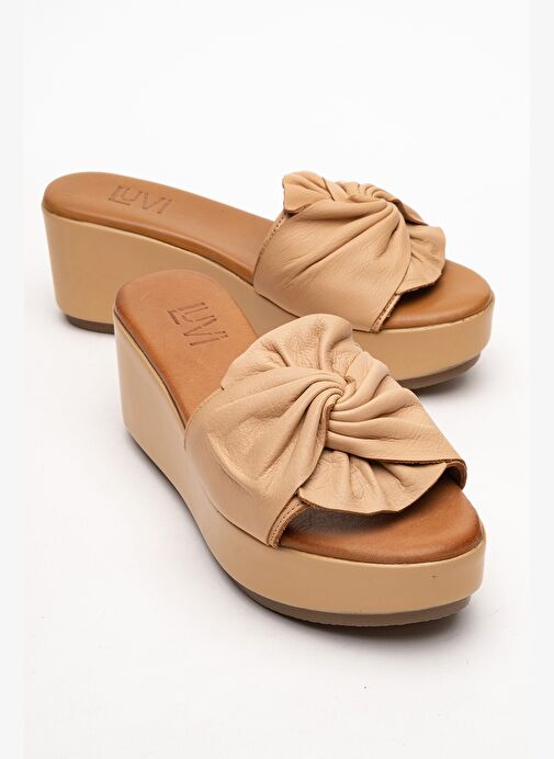 JEFF Koyu Bej Cilt Hakiki Deri Fiyonklu Kadın Dolgu Topuklu Terlik - Görsel 2