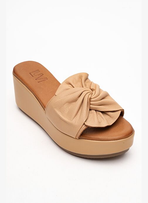 JEFF Koyu Bej Cilt Hakiki Deri Fiyonklu Kadın Dolgu Topuklu Terlik - Görsel 4