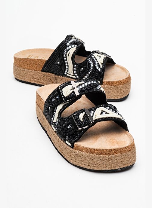 Luvi Shoes Luvi Shoes BOBBY Siyah Taşlı Etnik Desenli Hasır Kalın Mantar Tabanlı Kadın Terlik Boyner'de! Siyah - 2. görsel