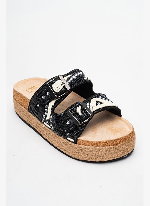 Luvi Shoes Luvi Shoes BOBBY Siyah Taşlı Etnik Desenli Hasır Kalın Mantar Tabanlı Kadın Terlik Boyner'de! Siyah - 4. görsel