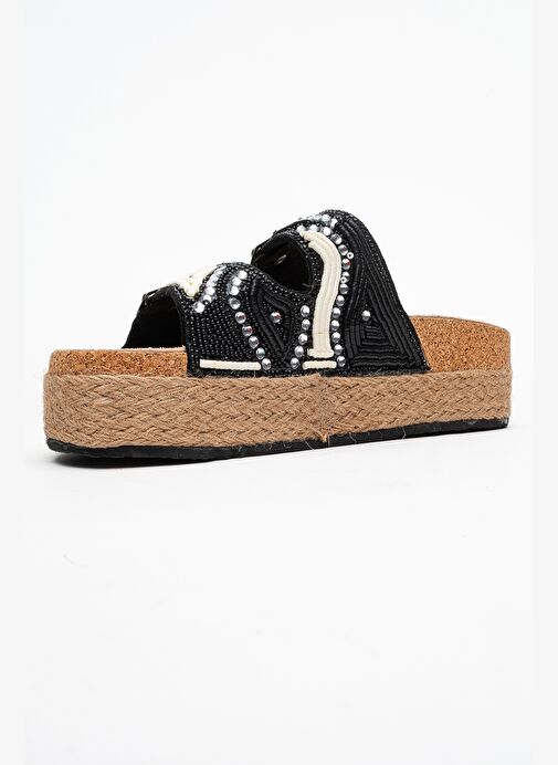 Luvi Shoes Luvi Shoes BOBBY Siyah Taşlı Etnik Desenli Hasır Kalın Mantar Tabanlı Kadın Terlik Boyner'de! Siyah - 5. görsel