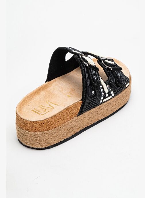 Luvi Shoes Luvi Shoes BOBBY Siyah Taşlı Etnik Desenli Hasır Kalın Mantar Tabanlı Kadın Terlik Boyner'de! Siyah - 6. görsel
