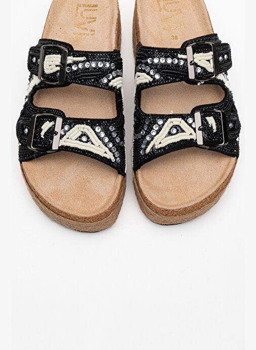 Luvi Shoes Luvi Shoes BOBBY Siyah Taşlı Etnik Desenli Hasır Kalın Mantar Tabanlı Kadın Terlik Boyner'de! Siyah - 3. görsel