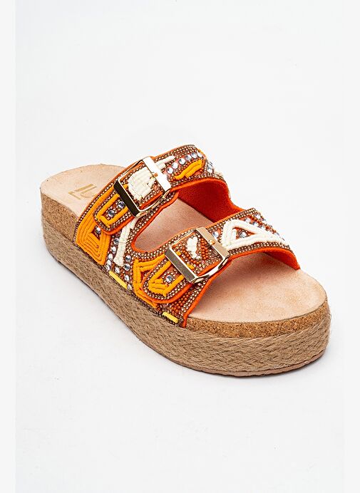 Luvi Shoes Luvi Shoes BOBBY Turuncu Taşlı Etnik Desenli Hasır Kalın Mantar Tabanlı Kadın Terlik Boyner'de! Turuncu - 4. görsel