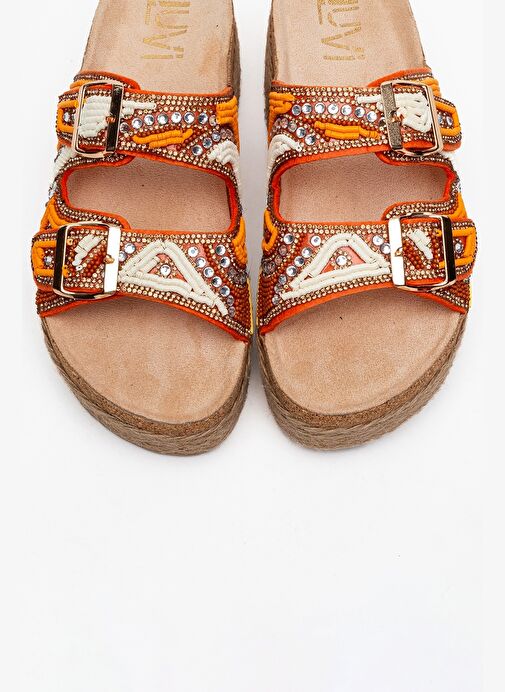 Luvi Shoes Luvi Shoes BOBBY Turuncu Taşlı Etnik Desenli Hasır Kalın Mantar Tabanlı Kadın Terlik Boyner'de! Turuncu - 3. görsel