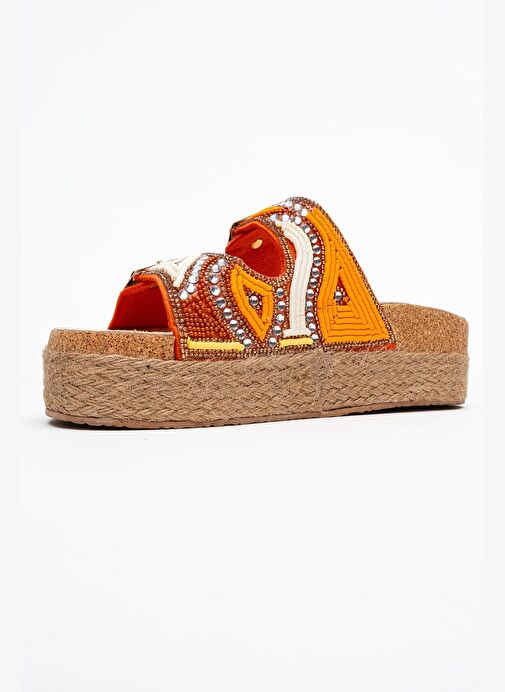 Luvi Shoes Luvi Shoes BOBBY Turuncu Taşlı Etnik Desenli Hasır Kalın Mantar Tabanlı Kadın Terlik Boyner'de! Turuncu - 5. görsel
