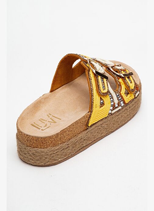 Luvi Shoes Luvi Shoes BOBBY Sarı Taşlı Etnik Desenli Hasır Kalın Mantar Tabanlı Kadın Terlik Boyner'de! Sarı - 6. görsel