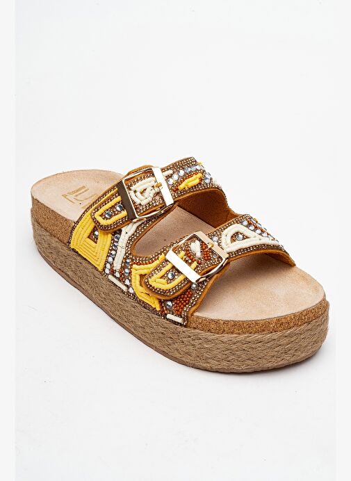 Luvi Shoes Luvi Shoes BOBBY Sarı Taşlı Etnik Desenli Hasır Kalın Mantar Tabanlı Kadın Terlik Boyner'de! Sarı - 4. görsel
