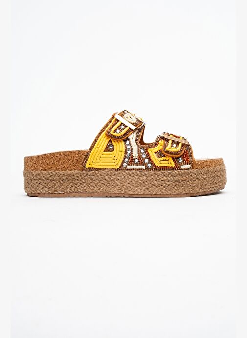Luvi Shoes Luvi Shoes BOBBY Sarı Taşlı Etnik Desenli Hasır Kalın Mantar Tabanlı Kadın Terlik Boyner'de! Sarı - 7. görsel