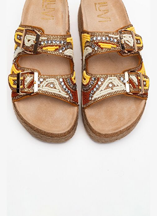 Luvi Shoes Luvi Shoes BOBBY Sarı Taşlı Etnik Desenli Hasır Kalın Mantar Tabanlı Kadın Terlik Boyner'de! Sarı - 3. görsel
