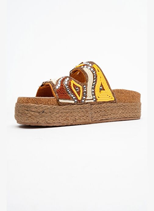 Luvi Shoes Luvi Shoes BOBBY Sarı Taşlı Etnik Desenli Hasır Kalın Mantar Tabanlı Kadın Terlik Boyner'de! Sarı - 5. görsel
