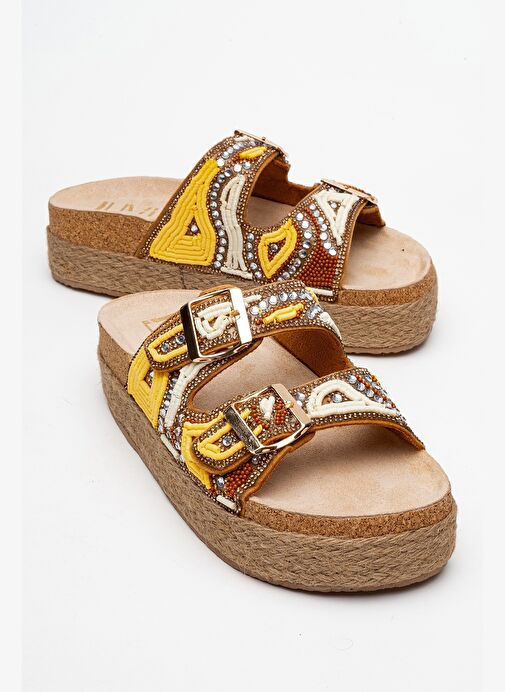 Luvi Shoes Luvi Shoes BOBBY Sarı Taşlı Etnik Desenli Hasır Kalın Mantar Tabanlı Kadın Terlik Boyner'de! Sarı - 2. görsel