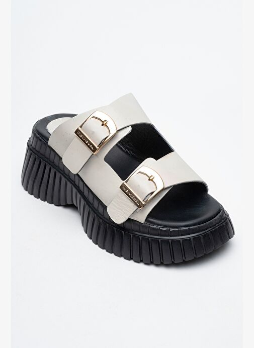 Luvi Shoes Luvi Shoes JOANES Ekru Cilt Hakiki Deri Çift Bantlı Kadın Dolgu Taban Terlik Boyner'de! Ekru - 4. görsel