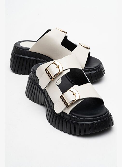 Luvi Shoes Luvi Shoes JOANES Ekru Cilt Hakiki Deri Çift Bantlı Kadın Dolgu Taban Terlik Boyner'de! Ekru - 2. görsel