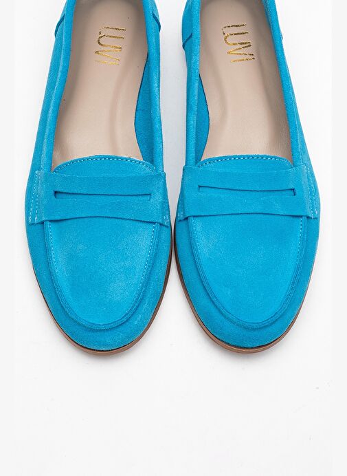 F02 Açık Mavi Süet Hakiki Deri Kadın Loafer Ayakkabı - Görsel 3
