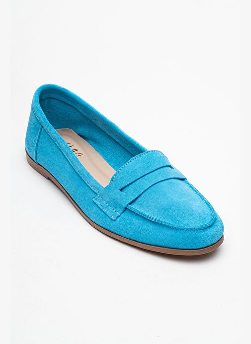 F02 Açık Mavi Süet Hakiki Deri Kadın Loafer Ayakkabı - Görsel 4