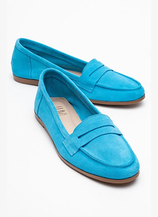 F02 Açık Mavi Süet Hakiki Deri Kadın Loafer Ayakkabı - Görsel 2