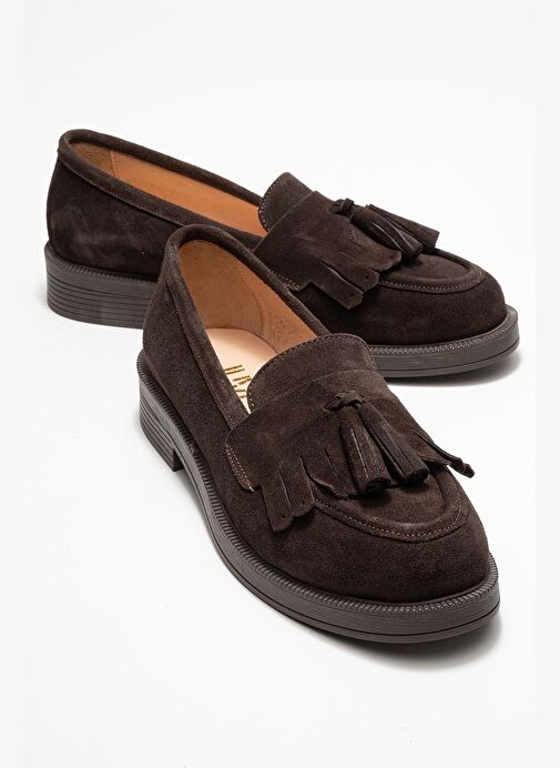 MİLİNA Kahverengi Süet Püsküllü Hakiki Deri Kadın Loafer Ayakkabı - Görsel 2