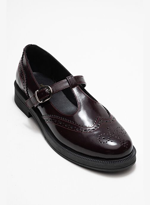 JANNEY Bordo Rugan Hakiki Deri Bantlı Kadın Loafer Ayakkabı - Görsel 4