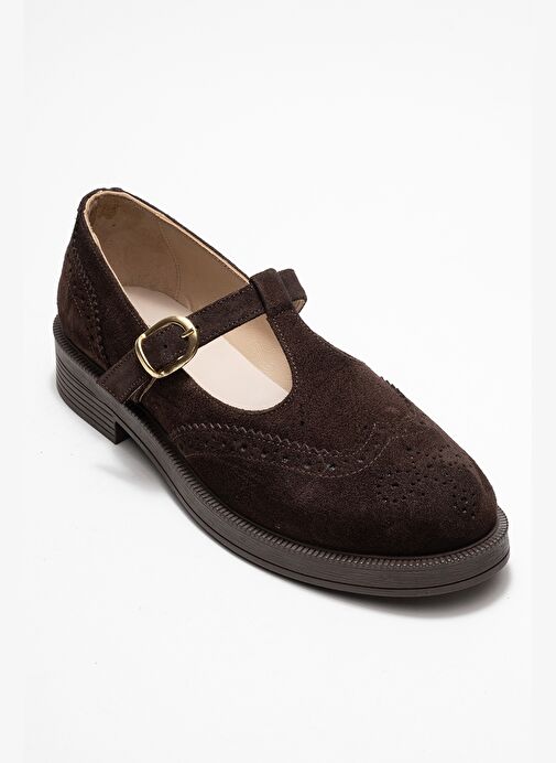 JANNEY Kahverengi Süet Hakiki Deri Bantlı Kadın Loafer Ayakkabı - Görsel 4