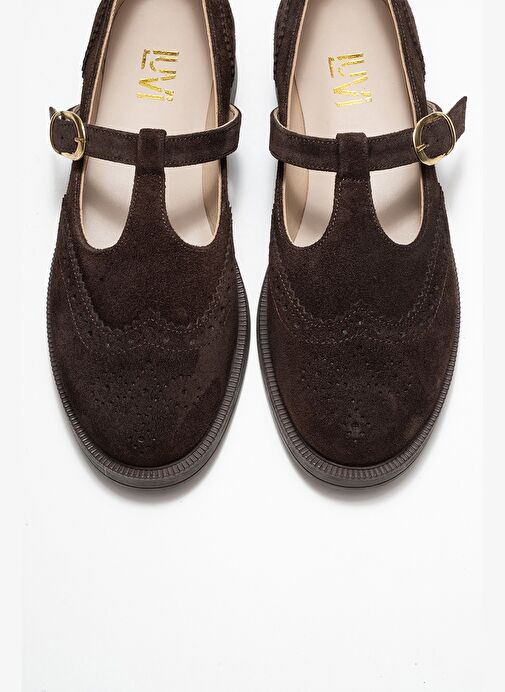 JANNEY Kahverengi Süet Hakiki Deri Bantlı Kadın Loafer Ayakkabı - Görsel 3