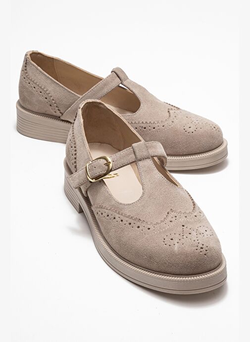 JANNEY Bej Süet Hakiki Deri Bantlı Kadın Loafer Ayakkabı - Görsel 2