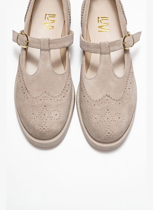 JANNEY Bej Süet Hakiki Deri Bantlı Kadın Loafer Ayakkabı - Görsel 3