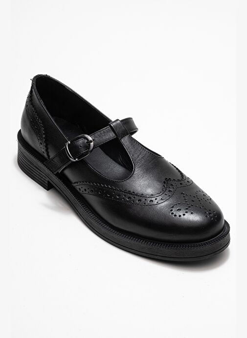 JANNEY Siyah Cilt Hakiki Deri Bantlı Kadın Loafer Ayakkabı - Görsel 4