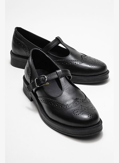 JANNEY Siyah Cilt Hakiki Deri Bantlı Kadın Loafer Ayakkabı - Görsel 2