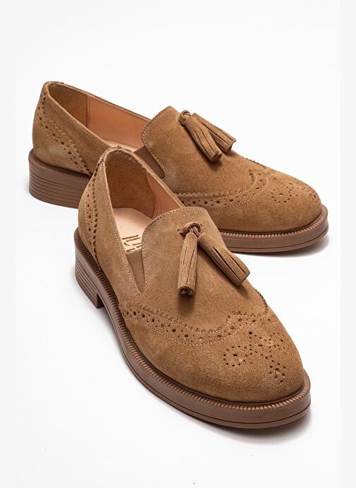 ALEX Toprak Süet Hakiki Deri Püsküllü Lastikli Kadın Loafer Ayakkabı - Görsel 2