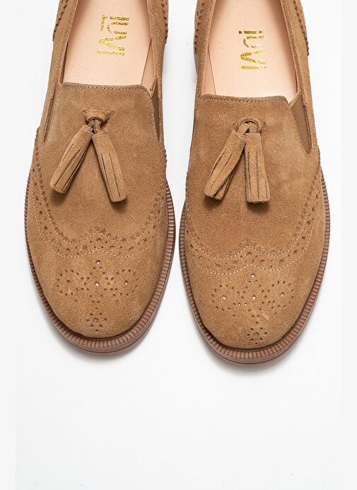 ALEX Toprak Süet Hakiki Deri Püsküllü Lastikli Kadın Loafer Ayakkabı - Görsel 3