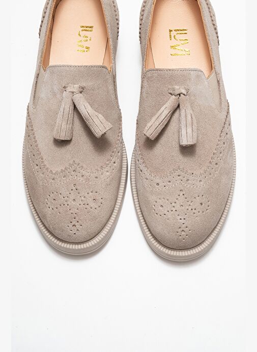 ALEX Bej Süet Hakiki Deri Püsküllü Lastikli Kadın Loafer Ayakkabı - Görsel 3