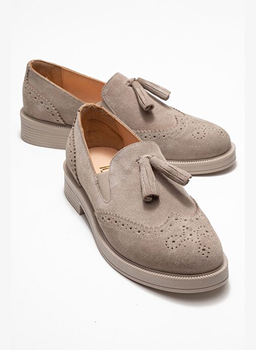 ALEX Bej Süet Hakiki Deri Püsküllü Lastikli Kadın Loafer Ayakkabı - Görsel 2