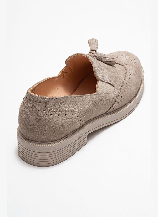 ALEX Bej Süet Hakiki Deri Püsküllü Lastikli Kadın Loafer Ayakkabı - Görsel 6