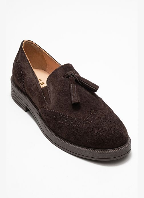 ALEX Kahverengi Süet Hakiki Deri Püsküllü Lastikli Kadın Loafer Ayakkabı - Görsel 4