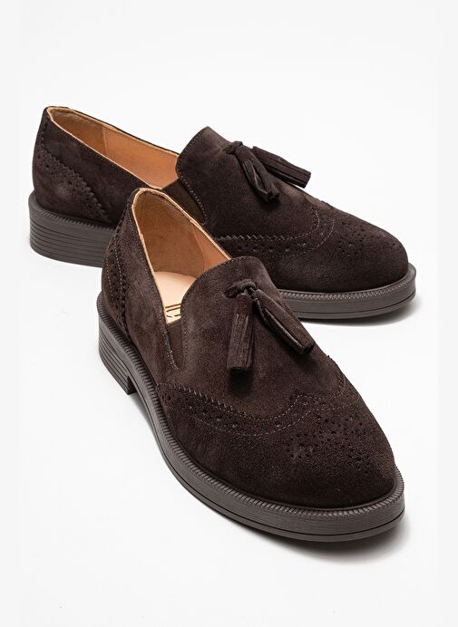 ALEX Kahverengi Süet Hakiki Deri Püsküllü Lastikli Kadın Loafer Ayakkabı - Görsel 2