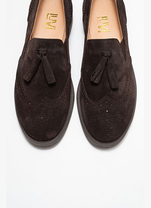 ALEX Kahverengi Süet Hakiki Deri Püsküllü Lastikli Kadın Loafer Ayakkabı - Görsel 3
