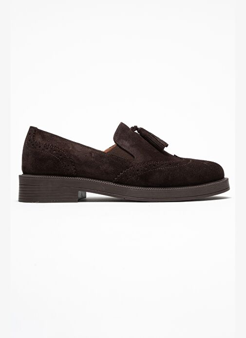 ALEX Kahverengi Süet Hakiki Deri Püsküllü Lastikli Kadın Loafer Ayakkabı - Görsel 7