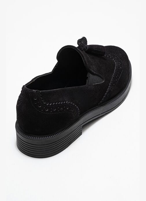 ALEX Siyah Süet Hakiki Deri Püsküllü Lastikli Kadın Loafer Ayakkabı - Görsel 6