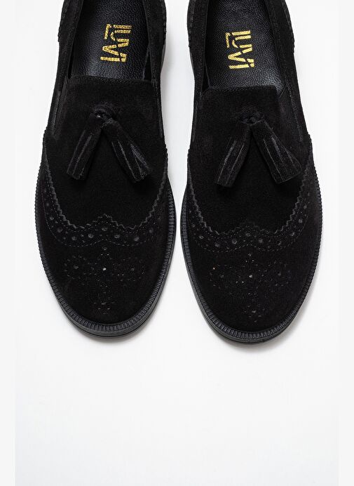 ALEX Siyah Süet Hakiki Deri Püsküllü Lastikli Kadın Loafer Ayakkabı - Görsel 3