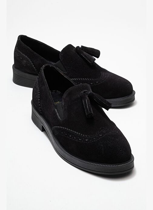 ALEX Siyah Süet Hakiki Deri Püsküllü Lastikli Kadın Loafer Ayakkabı - Görsel 2