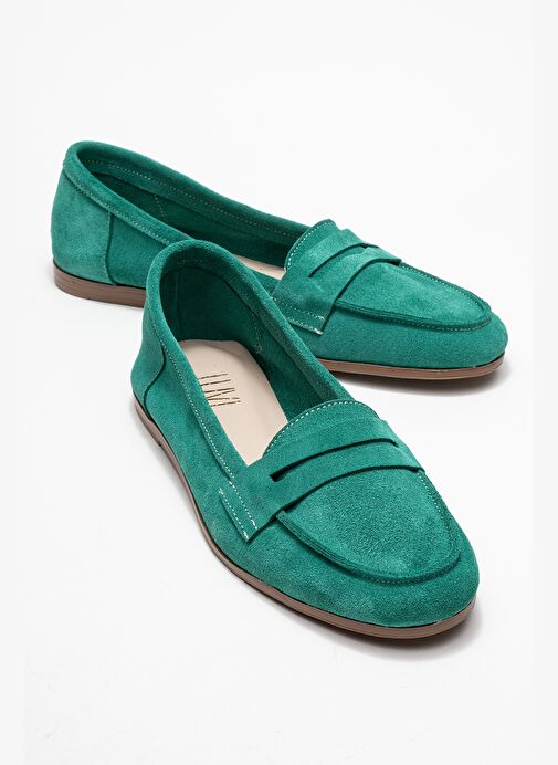 F02 Zümrüt Yeşil Süet Hakiki Deri Kadın Loafer Ayakkabı - Görsel 2
