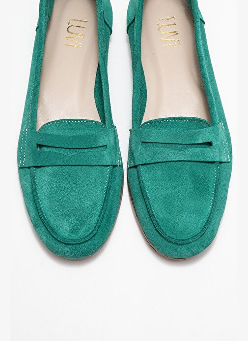 F02 Zümrüt Yeşil Süet Hakiki Deri Kadın Loafer Ayakkabı - Görsel 3