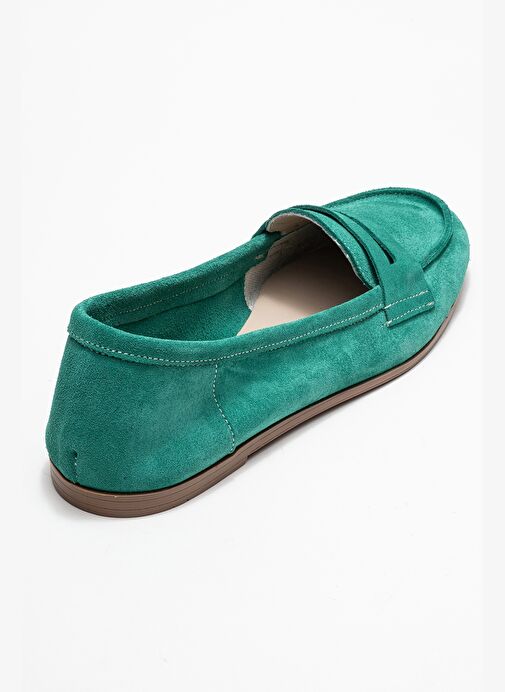 F02 Zümrüt Yeşil Süet Hakiki Deri Kadın Loafer Ayakkabı - Görsel 6